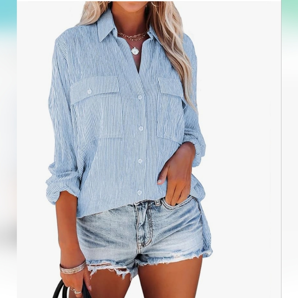 Button Down Blue White Striped Long Sleeve, Medium